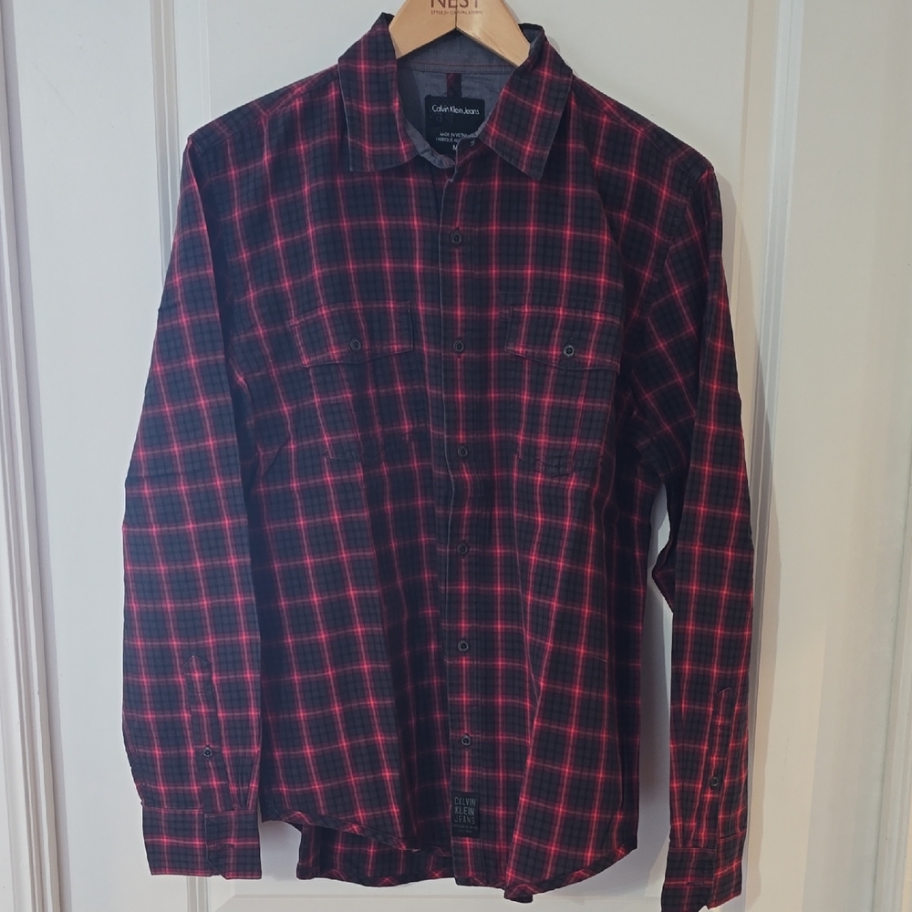 Calvin Klein Men's Casual Red and Black Checkered Shirt